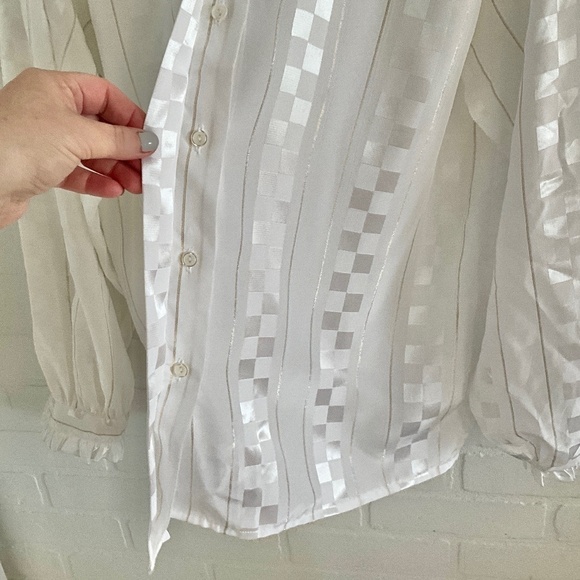 Vintage blouse damier Ruffled Retro Elegance MCM Mad men Cream Gold 16 - Picture 11 of 13